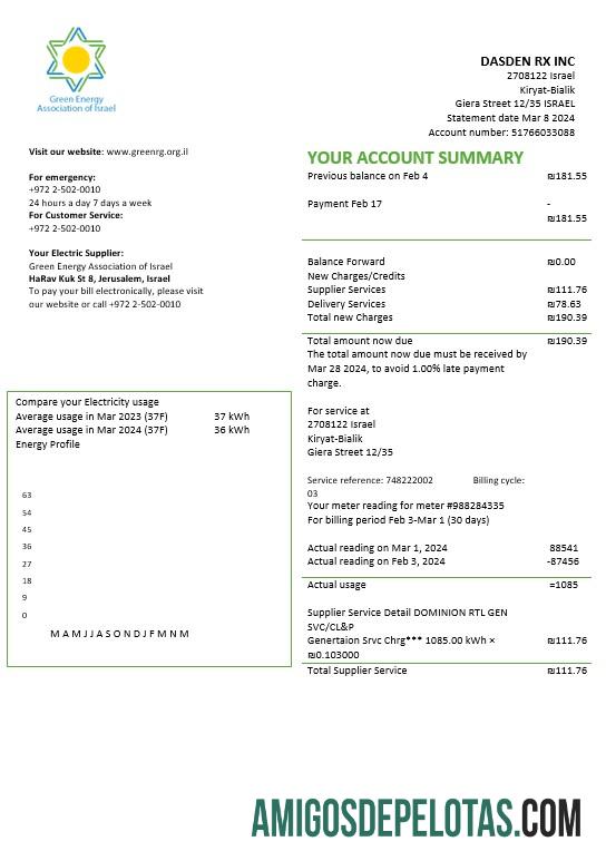 Para baixar modelo de conta de serviços públicos da Associação de Energia Verde de Israel em formatos Word e PDF